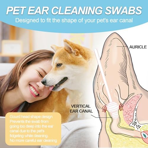 Dog ear cleaner, Dog ear infection treatment,Gourd-shaped cotton swabs designed specifically for cats and dogs, Reducing the risk of injuring the ear canal, for a safer and more reassuring use.