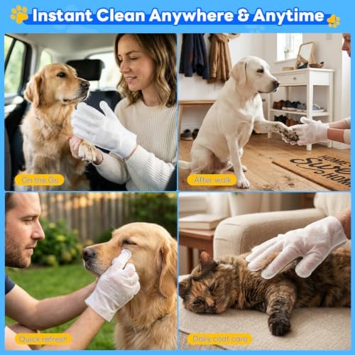 VISRIE 60 Pcs Pet Glove Wipes for Dogs & Cats, Thick Cleaning Gloves