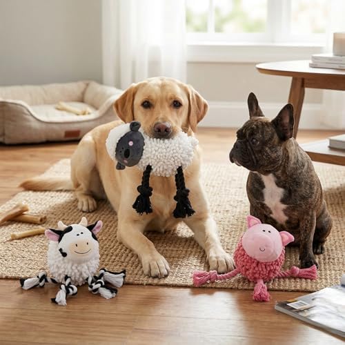 Fuzzl Farmyard Friends Dog Toy – Woolly Sheep – Large Soft Noodle Fabric Plush with Durable Rope Legs – Interactive Tug Chew & Comfort Toy for Dogs