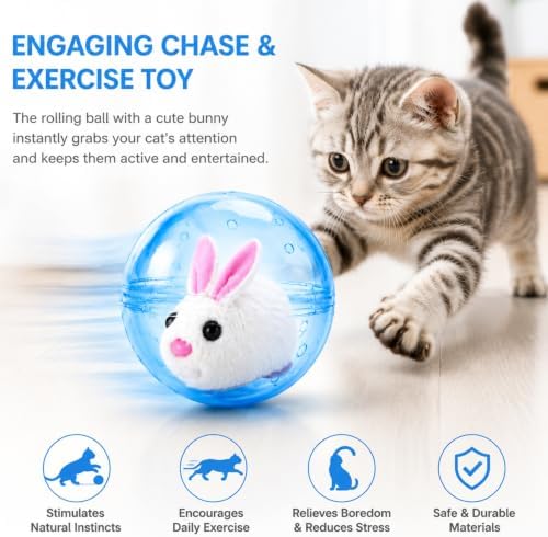 Electric Hamster Ball Cat Toy – Automatic Rolling Animal Pet Rolling Ball, Interactive Hamster Ball Cat Toy for Indoor Cats Exercise and Chase Play (Rabbit(Blue))