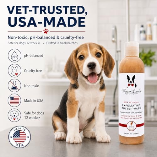 Warren London Exfoliating Butter Wash Dog Shampoo – Milk & Honey, 8 oz | Cleansing, Conditioning & Exfoliating Shampoo with Jojoba Beads for Dry Skin, Flakes, Soft Coat & Shine | Made in USA