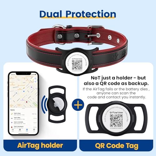 French Bulldog Leather Dog Collar with Holder for AirTag, Gift Set with 3 Frenchie QR Code Dog Tags (Dual Safety) & 2 Sticker Sheets, Personalized Accessories for Safety,Black,M