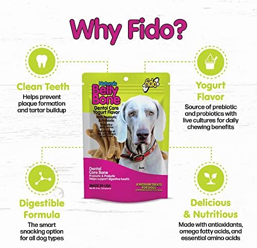 Fido Belly Bones for Dogs, Medium - 8 Count - Yogurt-Flavor Dental Treats for Medium Dogs - Plaque & Tartar Control for Fresh Breath - Digestive Support - Made in USA