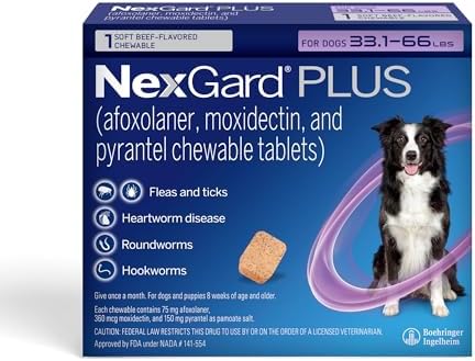 NexGard Plus (afoxolaner, moxidectin, and pyrantel) Flea and Tick Protection & Heartworm Preventive for Dogs Soft Beef Flavored Chewables, 33.1-66 lbs. (Purple) 1 Chew (1 Month Supply)