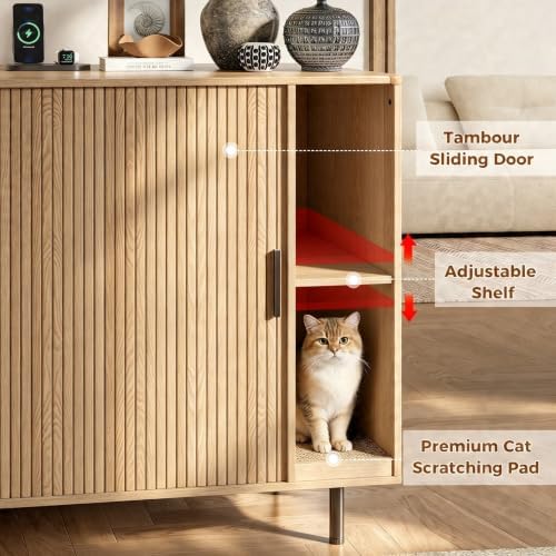 Cat Litter Box Enclosure, 31.8" Kitty Hidden Litter Box Furniture with Scratch Pad, Modern Indoor Cat House, Sliding Door, Adjustable Shelf for Dog Proof, Natural