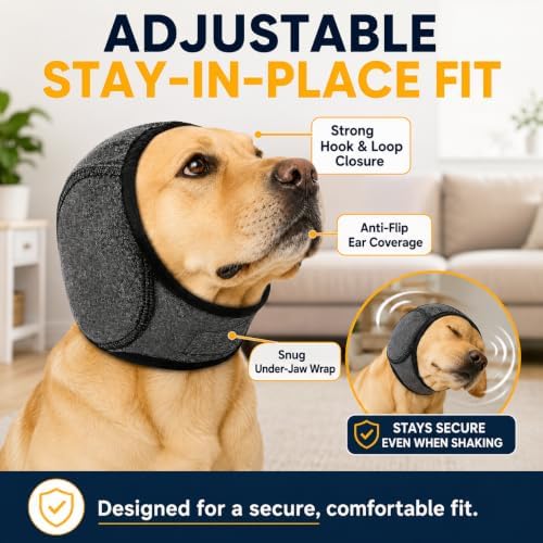 Dog Ear Muffs Noise Protection, Adjustable Dog Ear Wrap Calming Hoodie, No Shake Ear Covers for Thunder, Vacuum, Grooming & Bathing, Polyester Noise Reduction Padding with Elastic Strap(Black,M)