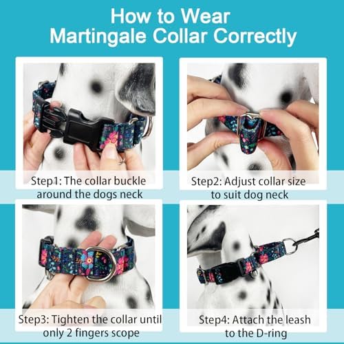 Slip Collar for Dogs Martingale Collar with Buckle Floral Adjustable Soft Nylon Dog Collars (Blue Pink Flower, Large)