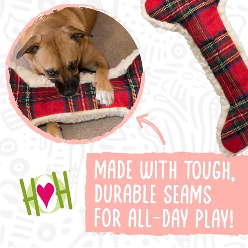 HuggleHounds Tartan Tidings Plush Bone Dog Toy - Dog Fuzzy Bone Toy, Soft Fleece, Durable, Stuffed Plush for Large Breeds, Puppies, Faux Sheepskin - 24" (1 Pack)