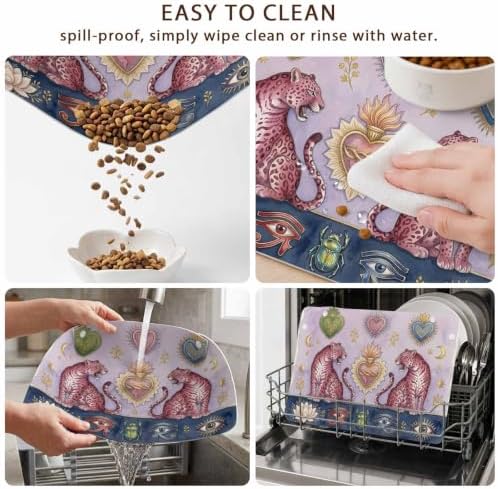 Boho Leopard Pet 100% Waterproof Feeding Mat with Raised Edges, Mystic Aesthetic Lotus Eyes Pink Purple Cat Small Dog Foldable Food Mat with Easy Clean Leather for Home Travel 17.7x11.8in