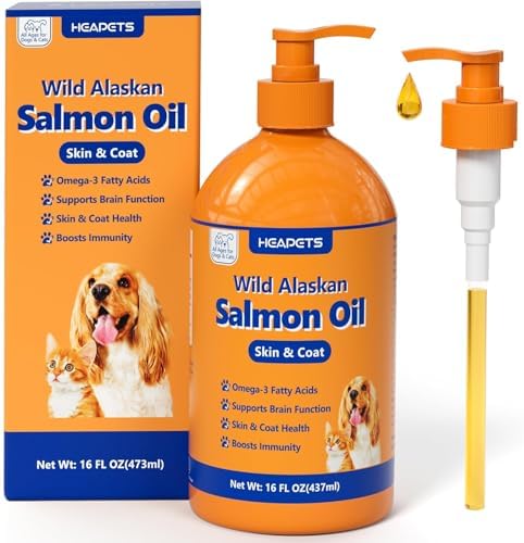 Wild Alaskan Salmon Oil for Dogs & Cats (16oz), Fish Oil Omega 3 Supplements with EPA & DHA for Skin & Coat, Immune, Brain, Joint and Heart Health, Dog & Cat Fish Oil Supplements with Pump