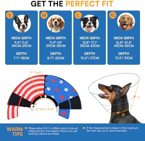 Queenmore Dog Cone, Cone for Dogs to Stop Licking, Dog Cones for Medium Dogs, Adjustable Doggy Recovery Collars & Cones, Elizabethan Collar for Pets After Surgery, USAFlag M