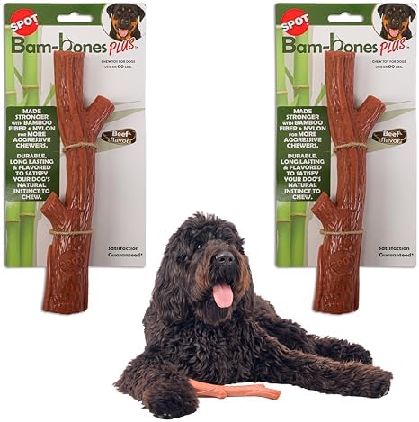 SPOT Bam-Bones Plus Branch -Bamboo Fiber & Nylon, Durable Long Lasting Dog Chew for Aggressive Chewers – Great Toy for Adult Dogs & Teething Puppies Under 90lbs, Non-Splintering, 9.5in, Beef Flavor