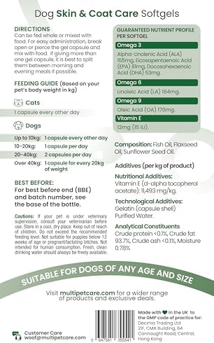 Dog Skin & Coat Supplement | Omega 3-6-9 Softgel Capsules | EPA, DHA & Linoleic Acid | Reduces Itching, Shedding & Dry Skin | Visibly Shinier Coat | Human Grade Ingredients | UK GMP | 120 Count