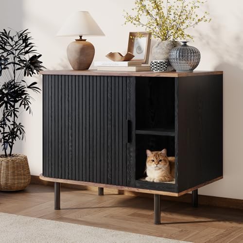 Cat Litter Box Enclosure, Kitty Hidden Litter Box Furniture with Scratch Pad, Modern Indoor Cat House, Sliding Door, Adjustable Shelf for Dog Proof, Black
