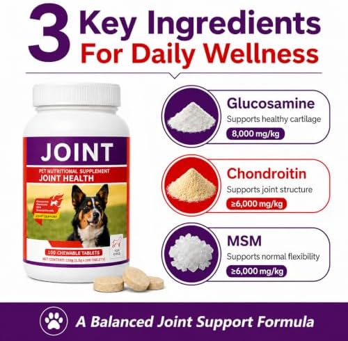 Dog Joint Supplement with Glucosamine, Chondroitin & MSM, Hip & Joint Support Chewable Tablets for Senior, Adult & Active Dogs, All Breeds & Sizes, 100 Count