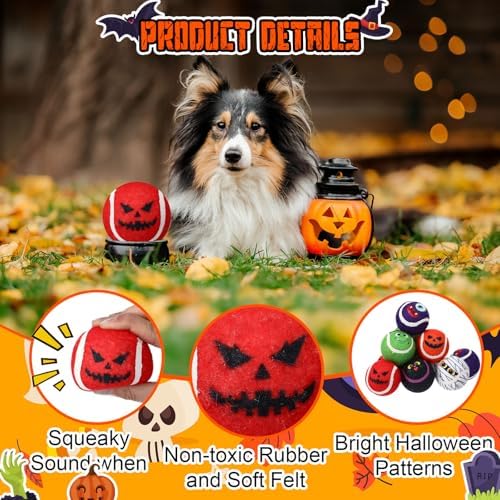 Civaner 6 Pcs Halloween Dog Toys Bulk, 2.5 Inch Squeaky Tennis Balls Gifts