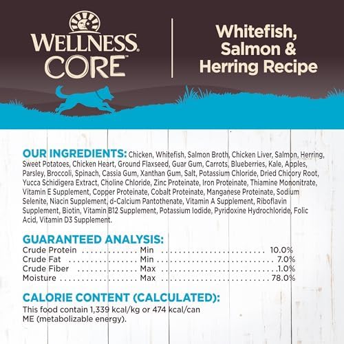 Wellness CORE Pate Adult Canned Wet Dog Food, Grain Free, Natural, Whitefish, Salmon, and Herring Recipe, 12.5 oz, Pack of 12 Cans