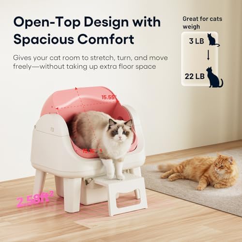 PetPivot Open Top Self Cleaning Cat Litter Box, Automatic Litter Box with 7 Pairs of Safety Sensors, Anti-Pinch Protection and Easy Access Step for Senior Cats, Pink