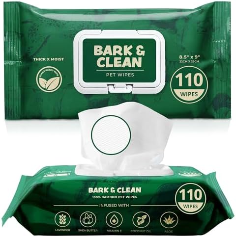 Bark & Clean Dog Wipes for Cleaning and Deodorizing - 2 Pack of 110 8.5" x 9" Bamboo Pet Wipes - Compostable, Hypoallergenic Puppy Wipes - Dog Wipes for Paws, Butt, and Body