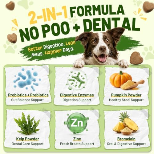 200 Ct 2-in-1 No Poo & Breath Chews for Dogs Stool Eating Coprophagia Deterrent Stop Dog Poop Eating Fresh Breath Reduce Plaque Tartar with Kelp Powder Zinc Probiotics Digestive Enzymes Chicken Flavor