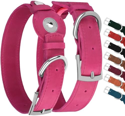 Leather Dog Collar with Airtag Holder - Apple Air Tag Dog Collars - Soft Tracking GPS Pet Collar for Small Medium Large Dogs Breed Puppy (Pink, XL, 19"-24" Neck Fit)