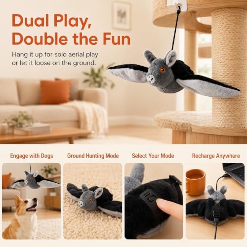 Flying Bat Dog Toy, Touch Activated Flapping Wings Interactive Pet Teaser, Motion Sensor Electric Squeaky Bird Doll for Aggressive Chewers Cats Puppy (A)
