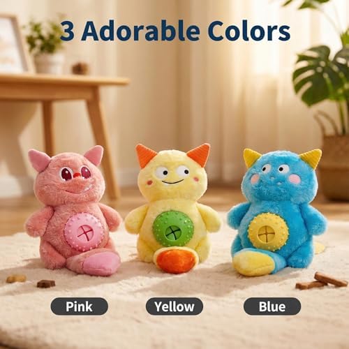 Cute Monster Plush Dog Toy with Squeaky Ball, Crinkle Paper, Treat Dispenser & Washable Design, Interactive Stuffed Chew Toy for Small Medium Dogs, Puppy Teething Toy (Blue)