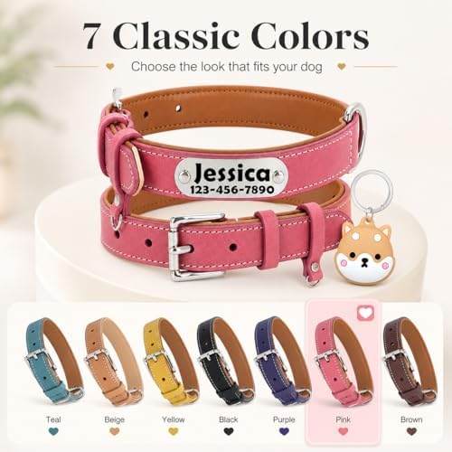 Personalized Leather Dog Collar with AirTag Holder Case, Custom Engraved Nameplate Dog Collar, Adjustable Genuine Leather Soft Padded Dog ID Collar for X-Small Small Medium Large X-Large Dogs-Pink-L