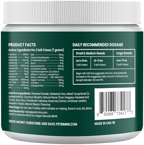 23-in-1 Dog Vitamins Supplements, Multivitamin Treats for Dogs with Glucosamine & Omega-3, Comprehensive Support for Hip & Joint, Digestion, Immune Health, Skin, Heart - 90ct, Bacon