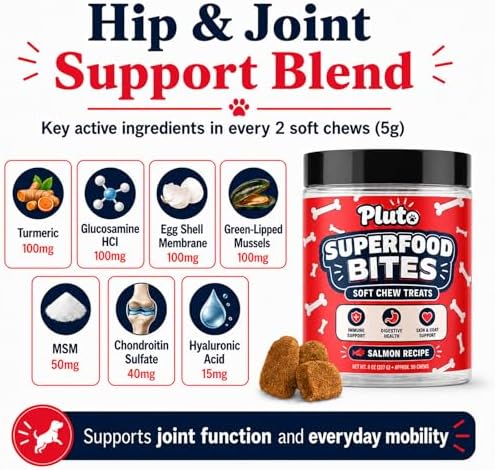 Pluto Superfood Softchew for Dogs, Immune Support Digestive Health Skin & COATSUPPORT Hip and Joint Supplement for Dogs Salmon Flavor 90 Chews (1 PCS)