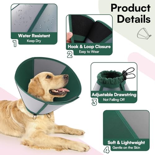 Queenmore Dog Cones for Medium Dogs, Soft Dog Cone, Cone for Dogs After Surgery, Adjustable Recovery Collar for Wound Healing, Comfortable Pet E-Collar to Stop Licking (Dark Green,M)