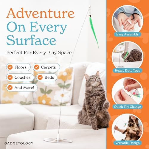 Interactive Cat Toys for Indoor Cats - 6 Feathers 3 Worms Double Sided Suction Cup - Round Base Teaser Wand - Self Play Bird Hunting - Bored Adult Feline Solo Activity - Kitten Juguetes para Gatos