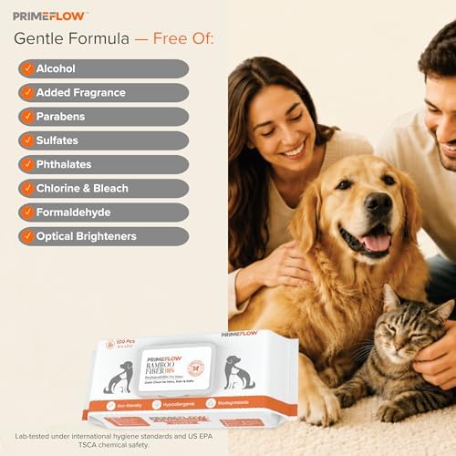 Pet Wipes for Dogs & Cats 100% Bamboo Grooming Wipes, 100 Count | Alcohol-Free, Fragrance-Free 8 x 8 in Plant-Based Wipes for Paws, Body, Face & Rear | Lab-Tested