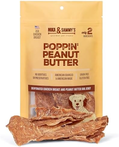 Gourmet Chicken Jerky Dog Treats -Made in USA only, Cage-Free, No Additives (Mika & Sammy's Poppin' Peanut Butter 12 oz)