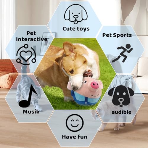 Active Moving Pet Plush Toy, Upgrade Interactive Dog Toys Talking Moving Dog Ball Toy Washable Cartoon Pig Plush Sound Electronic Herding Ball for Dogs Shake Bounce Boredom Talking Toys (Blue Pig Sm)