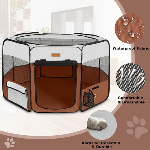 Akinerri Portable Dog Playpen, Foldable Pet Play Pen for Puppy Cat, Brown