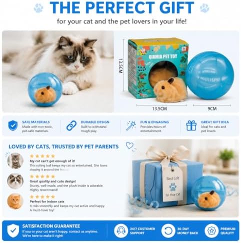 Electric Hamster Ball Cat Toy – Automatic Rolling Animal Pet Rolling Ball, Interactive Hamster Ball Cat Toy for Indoor Cats Exercise and Chase Play (Hamster(Blue))