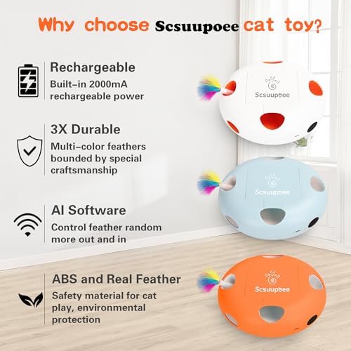 Cat Toys, Rechargeable Interactive Cat Toy, Smart Sensor Pop-Up Feather Toy with 7 Holes, USB Powered Automatic Kitten Toy for Indoor Cats, White