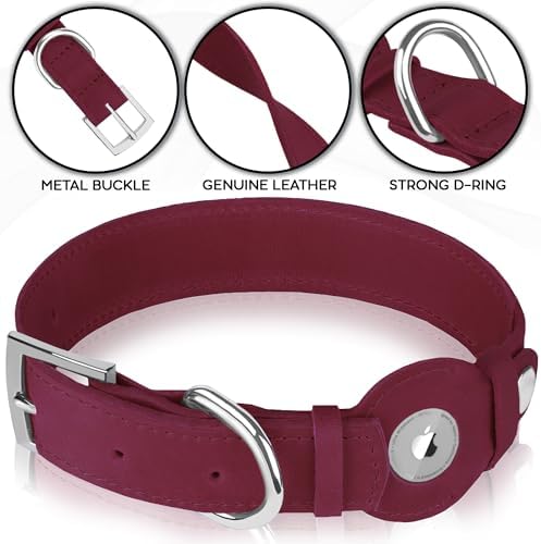 Leather Dog Collar with Airtag Holder - Apple Air Tag Dog Collars - Soft Tracking GPS Pet Collar for Small Medium Large Dogs Breed Puppy (Burgundy, M, 12"-15" Neck Fit)
