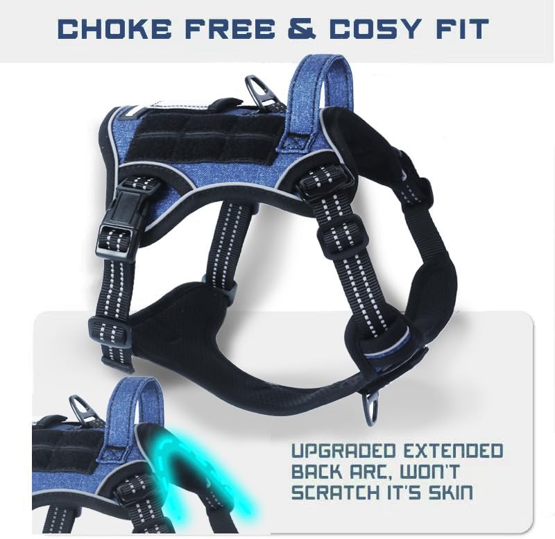BUMBIN Tactical Dog Harness for Small Dogs No Pull, Famous TIK Tok No Pull Puppy Harness, Fit Smart Reflective Pet Walking Harness for Training, Adjustable Dog Vest Harness with Handle Denim Blue XL