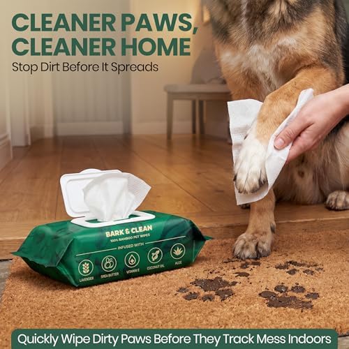 Bark & Clean Dog Wipes for Paws and Butt, 50 Count, Extra Large, Thick 8.5" x 9" Hypoallergenic Bamboo Puppy Compostable Cleaning & Deodorizing Grooming Wipes with Lavender