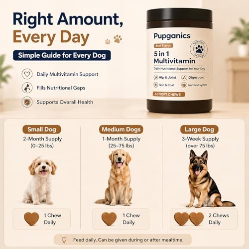Pupganics Multivitamin Daily Soft Chews for Dogs,Pupganics 5 in 1 Multivitamin,with Chondroitin & Natural Vitamins,for Hip & Joint, Heart Health, Skin & Coat, Digestion & Immune Support, 60 Chews.