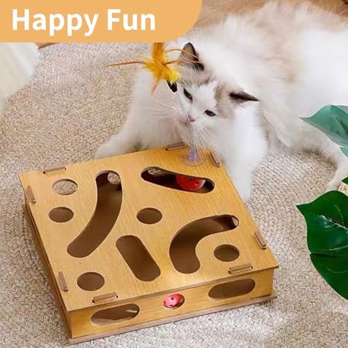 Interactive Wooden Cat Toy Box with Balls & Teaser Wand