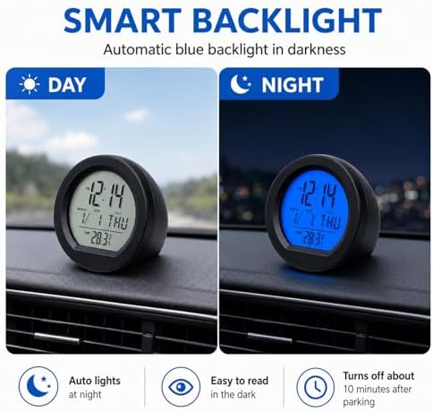 Car Digital Thermometer Clock, Solar-Powered Auto Dashboard Adhesive LCD Display Watch, Backlight at Night Fahrenheit Temperature 12 Hour Format Time Clock for Car Truck SUV