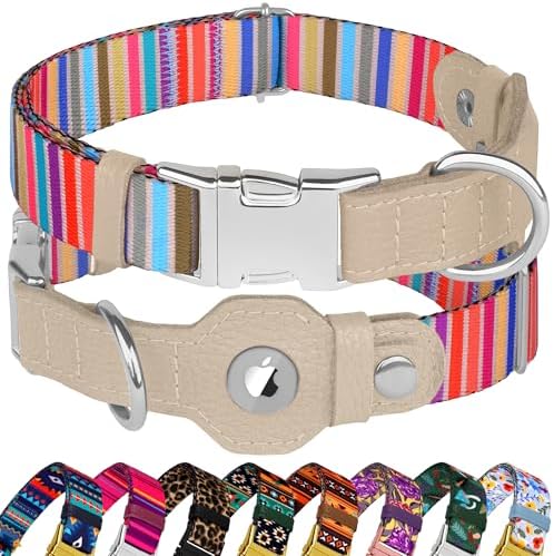 AirTag Dog Collar for Small Medium Large Breed - Adjustable Cute Pattern Dog Collar with Airtag Holder - Soft Leather Tracker GPS Apple Air Tag Pet Collars (X-Small, 9"-12" Neck Fit, Serape)