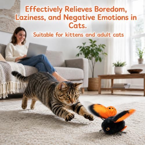 Smart Sensing Flapping Butterfly Toy Interactive Cat, Interactive Butterfly Cat Toy, Realistic Wing Motion, Sensor Triggered, Orange
