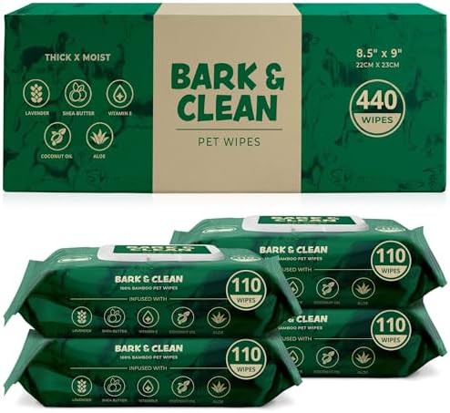 Bark & Clean 440 Dog Wipes for Cleaning and Deodorizing - 4 Pack of 110 8.5" x 9" Bamboo Pet Wipes - Compostable, Hypoallergenic Puppy Wipes - Dog Wipes for Paws, Butt, and Body