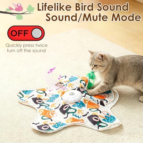 Interactive Cat Toys for Indoor Cats, USB Rechargeable Hide and Seek Automatic Feather Moving Kitten Toy with 2 Replaceable Wands, 3 Modes, 5-Min Auto-Sleep & Realistic Bird Sounds(Fish)
