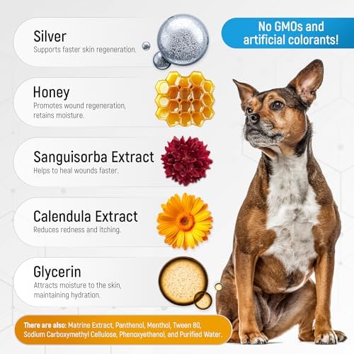 Hot Spot Treatment For Dogs & Cats to Help with Scratches, Cuts, Bites – Set of Honey Wound Repair Ointment in Gel Form + 2 Bandages – Horse & Dog Wound Care with Silver & Honey – All Pets Care – 2 Oz