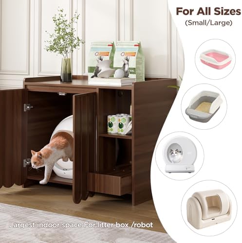 Halitaa Large Litter Box Enclosure with Litter Collector, Hidden Litter Box Furniture for Automatic Litter Box, Cat Robot 3/4, Dog Proof Litter Box Cabinet, Side Table, Walnut